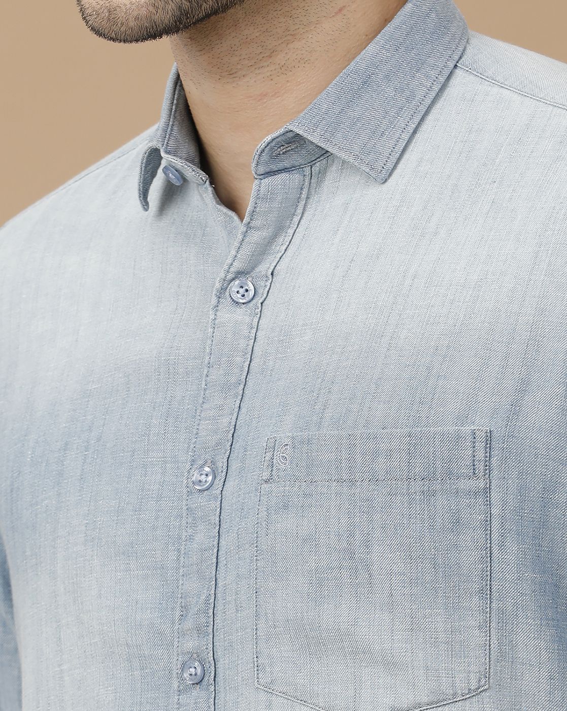 Men's Blended Linen Blue Solid Contemporary Fit Full Sleeve Casual Shirt