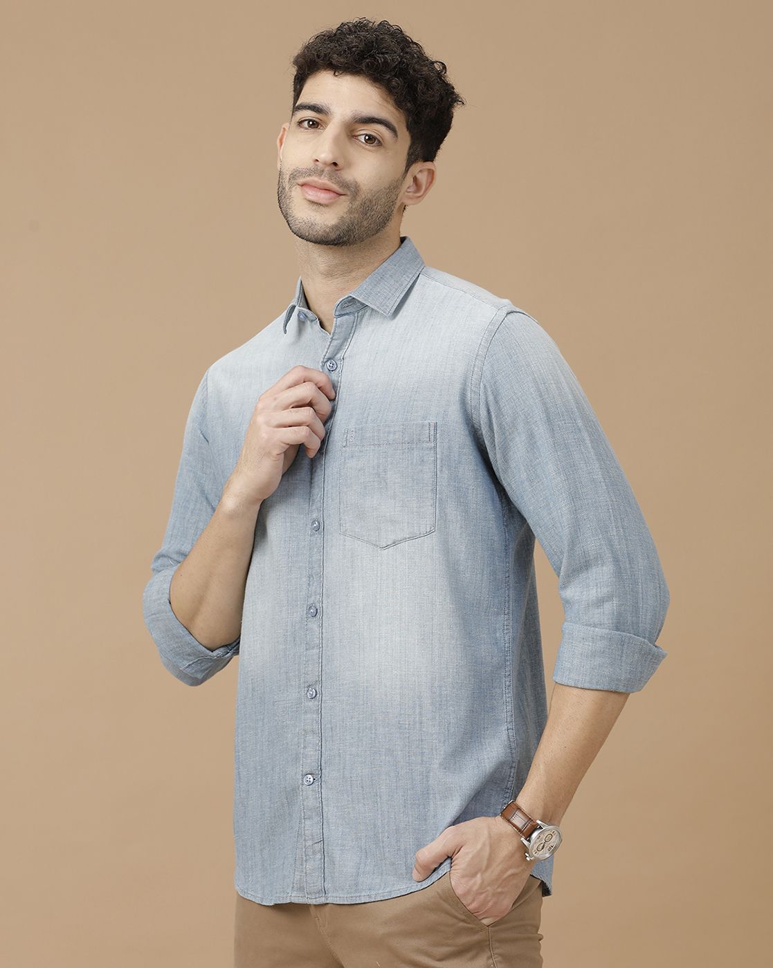 Men's Blended Linen Blue Solid Contemporary Fit Full Sleeve Casual Shirt