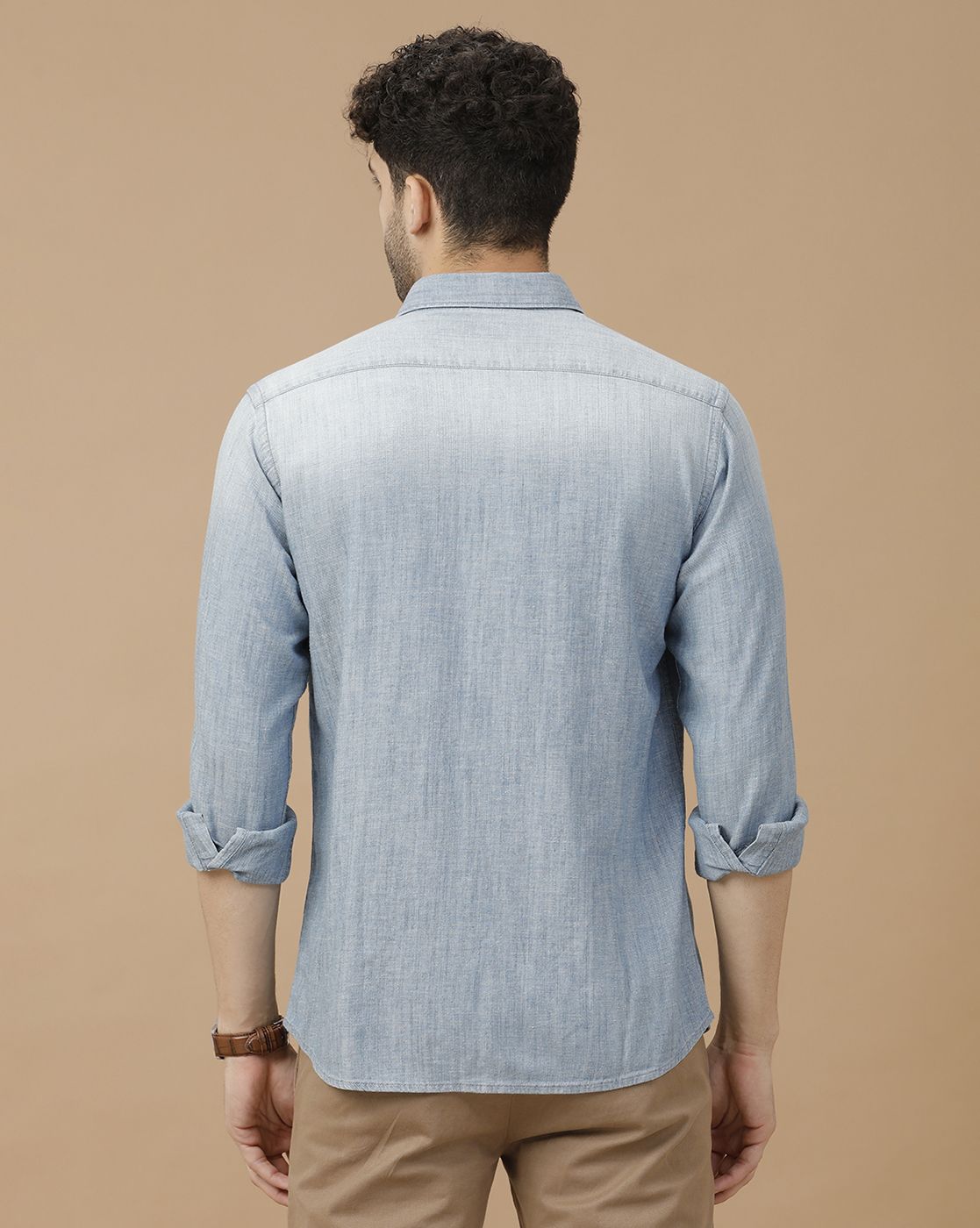 Men's Blended Linen Blue Solid Contemporary Fit Full Sleeve Casual Shirt