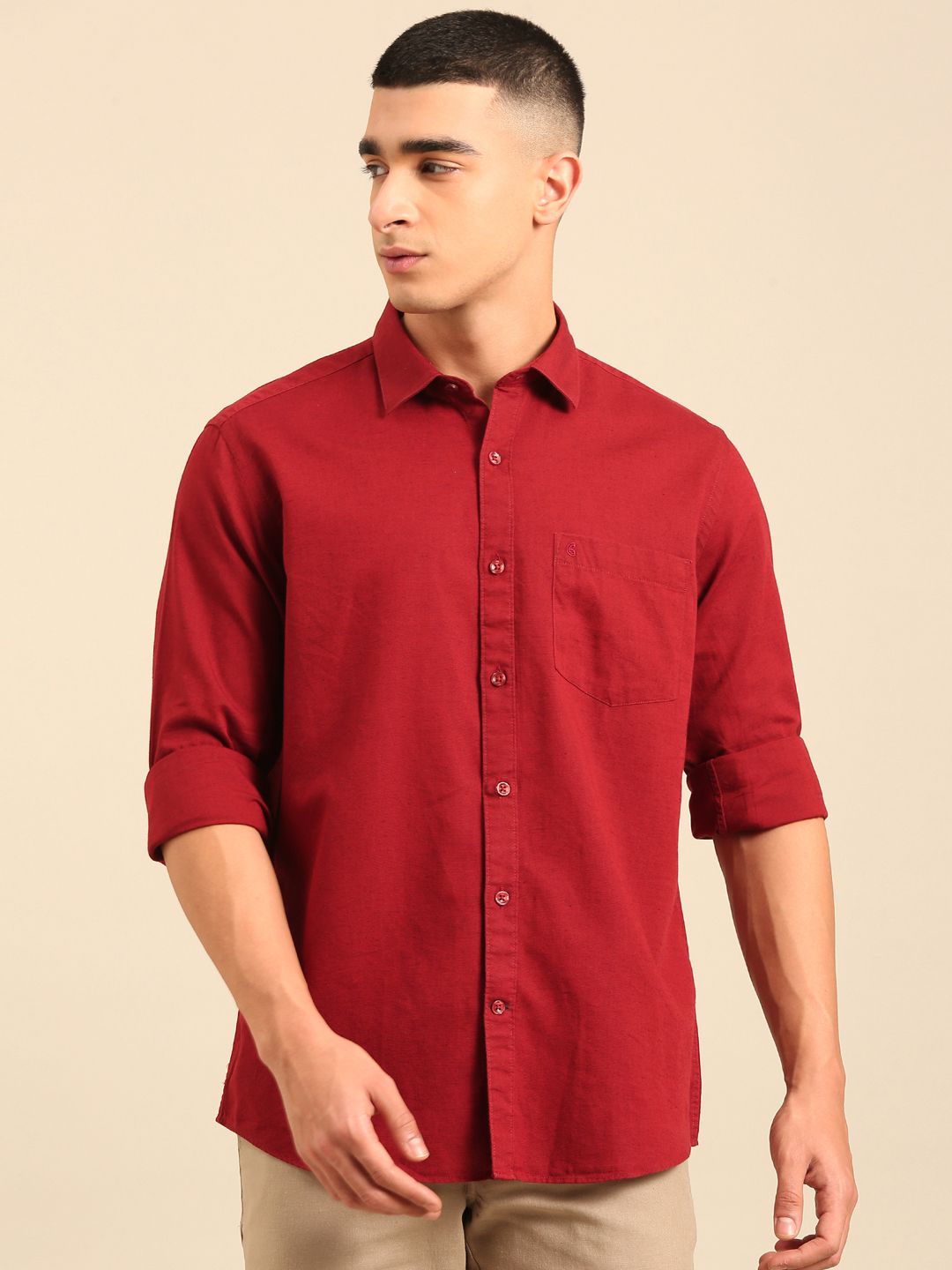Cavallo By Linen Club Men's Full Sleeve Contemporary Fit Linen-Cotton Solid Shirt CASFSD804L922