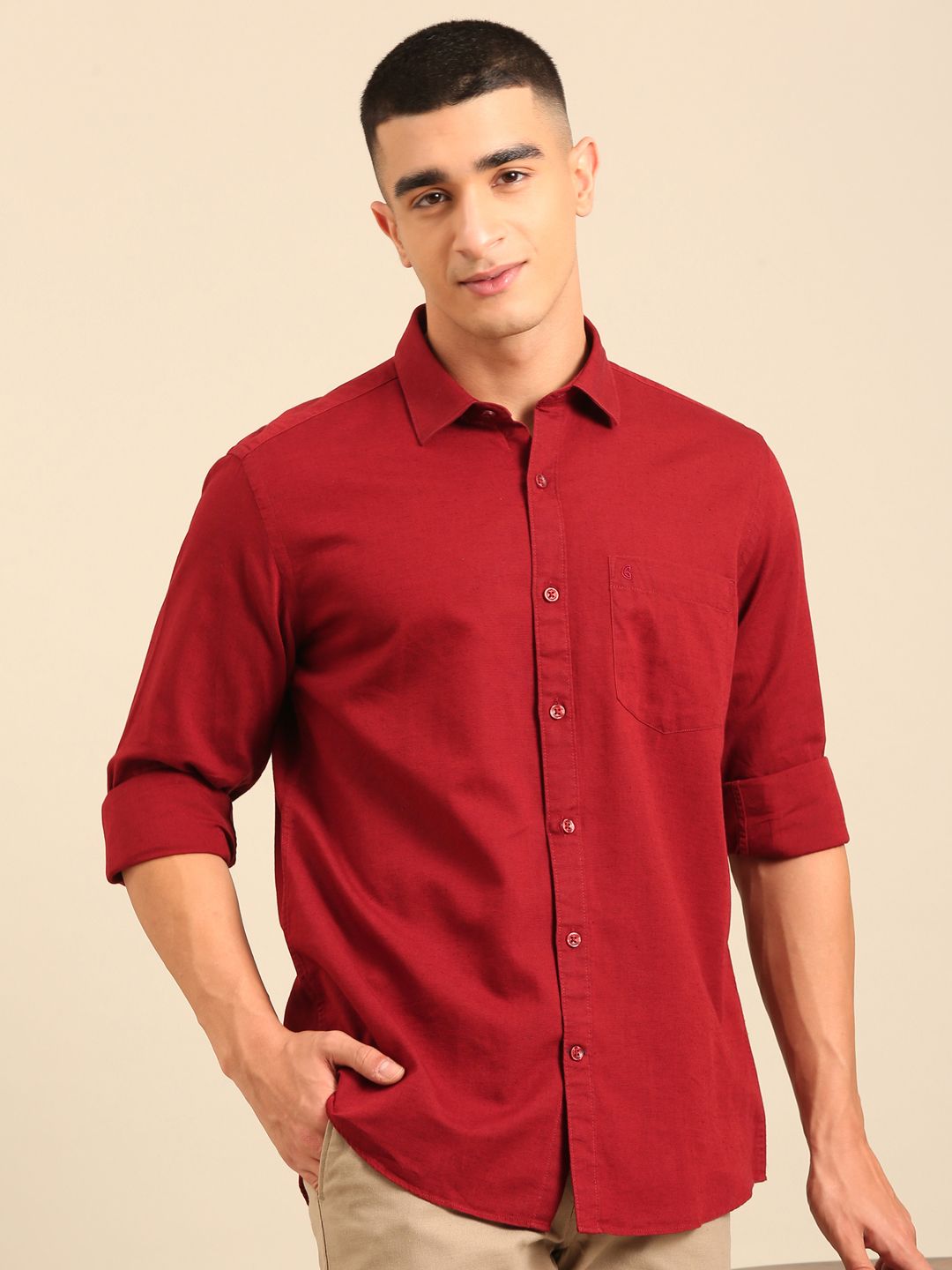 Cavallo By Linen Club Men's Full Sleeve Contemporary Fit Linen-Cotton Solid Shirt CASFSD804L922
