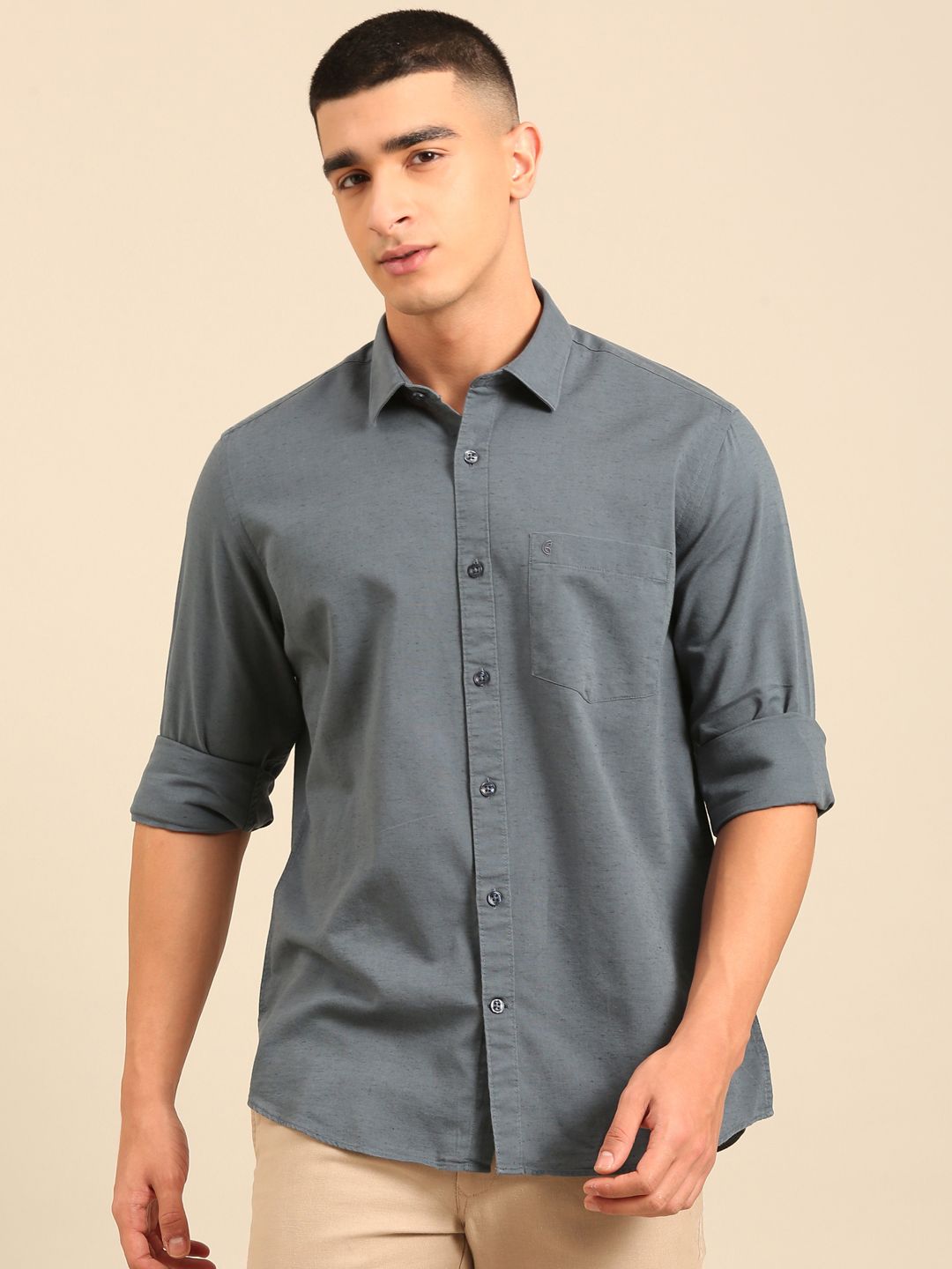 Cavallo By Linen Club Men's Full Sleeve Contemporary Fit Linen-Cotton Solid Shirt CASFSD804L930