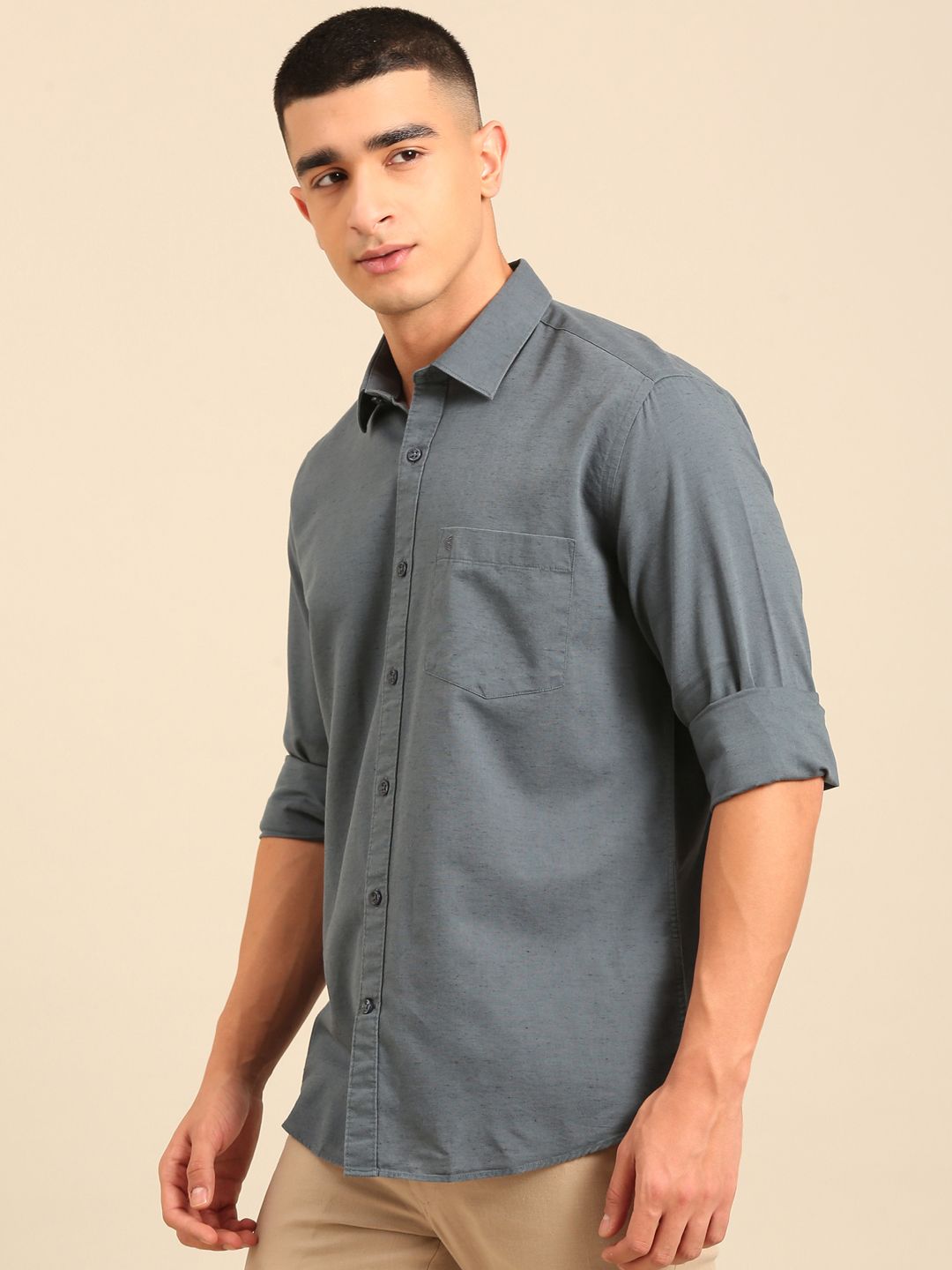 Cavallo By Linen Club Men's Full Sleeve Contemporary Fit Linen-Cotton Solid Shirt CASFSD804L930
