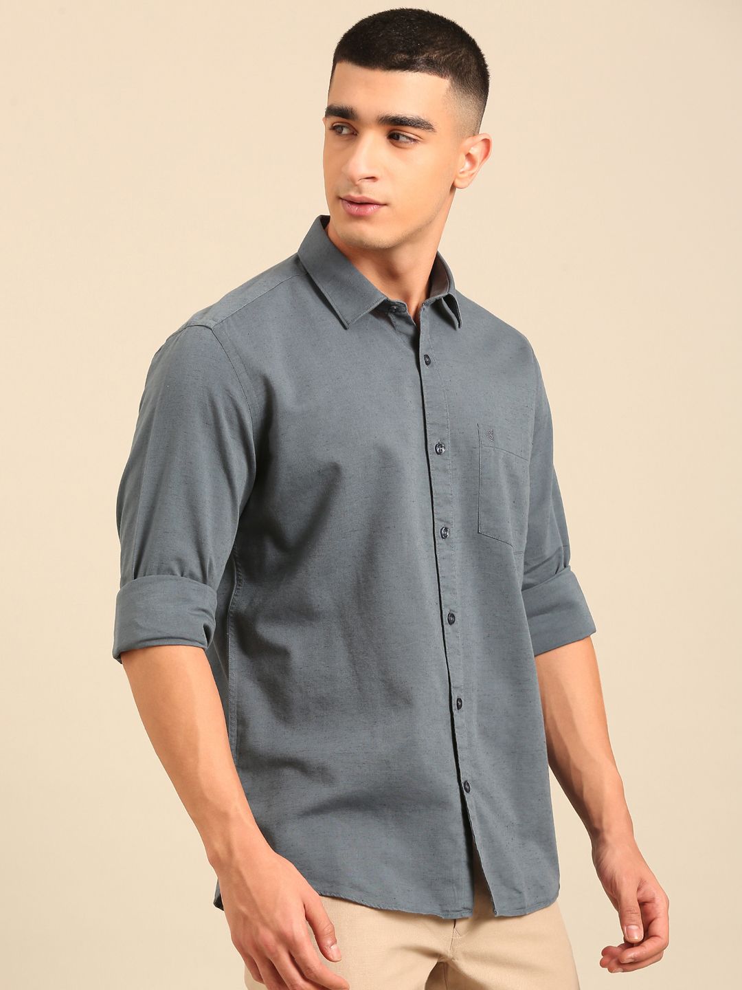 Cavallo By Linen Club Men's Full Sleeve Contemporary Fit Linen-Cotton Solid Shirt CASFSD804L930