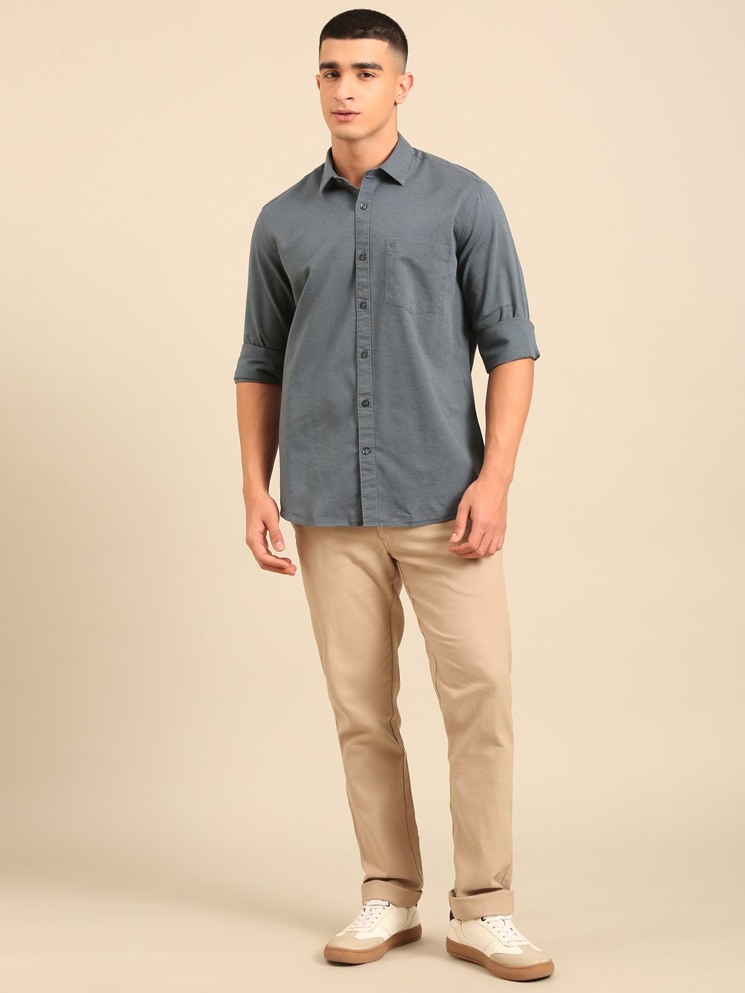 Cavallo By Linen Club Men's Full Sleeve Contemporary Fit Linen-Cotton Solid Shirt CASFSD804L930