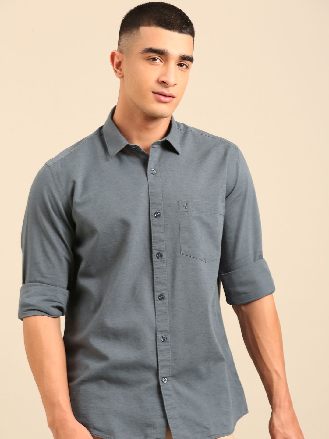 Cavallo By Linen Club Men's Full Sleeve Contemporary Fit Linen-Cotton Solid Shirt CASFSD804L930
