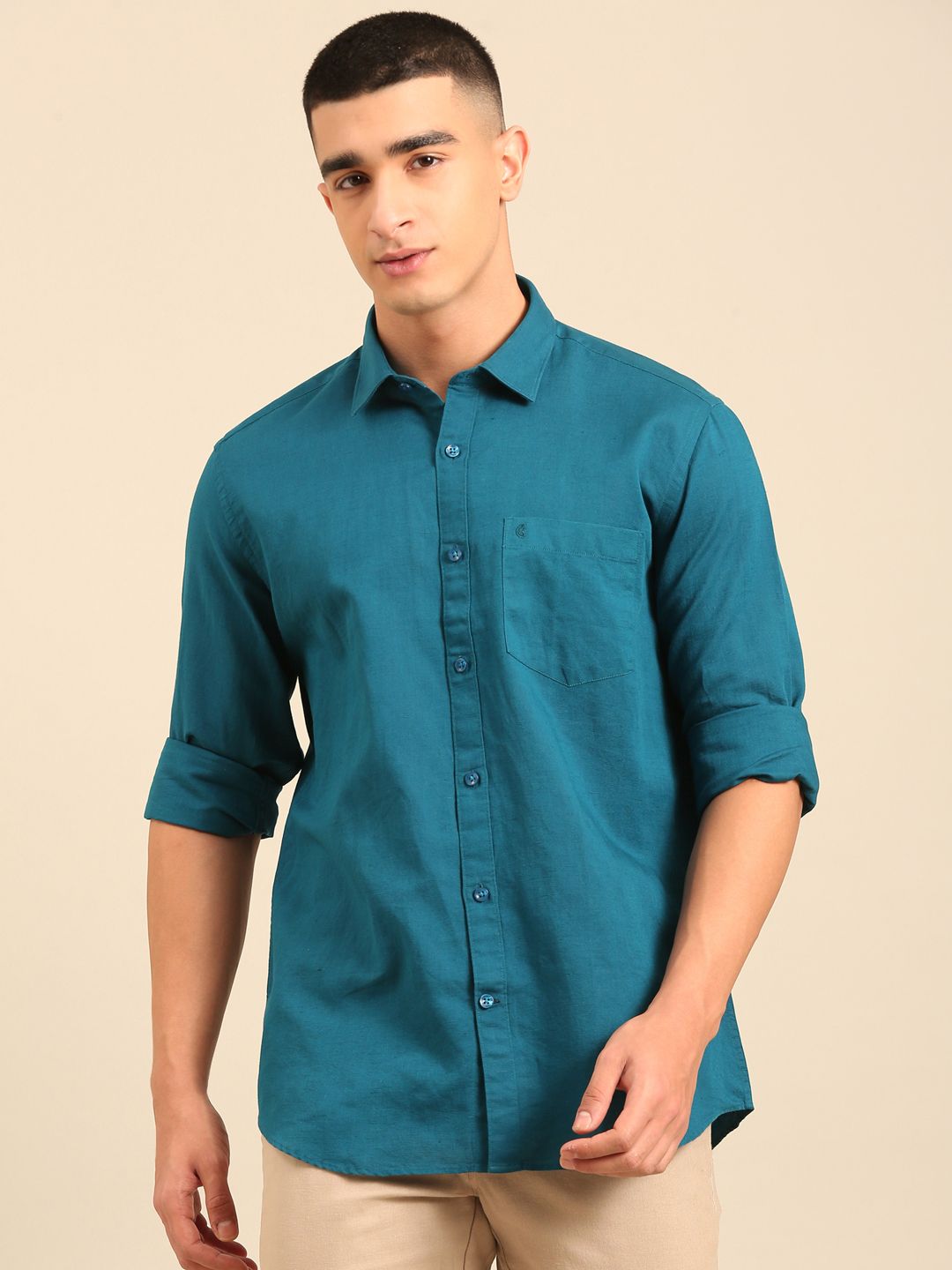 Cavallo by Linen Club Men's Contemporary Fit Linen blend Full Sleeve Solid Shirt CASFSD804L980