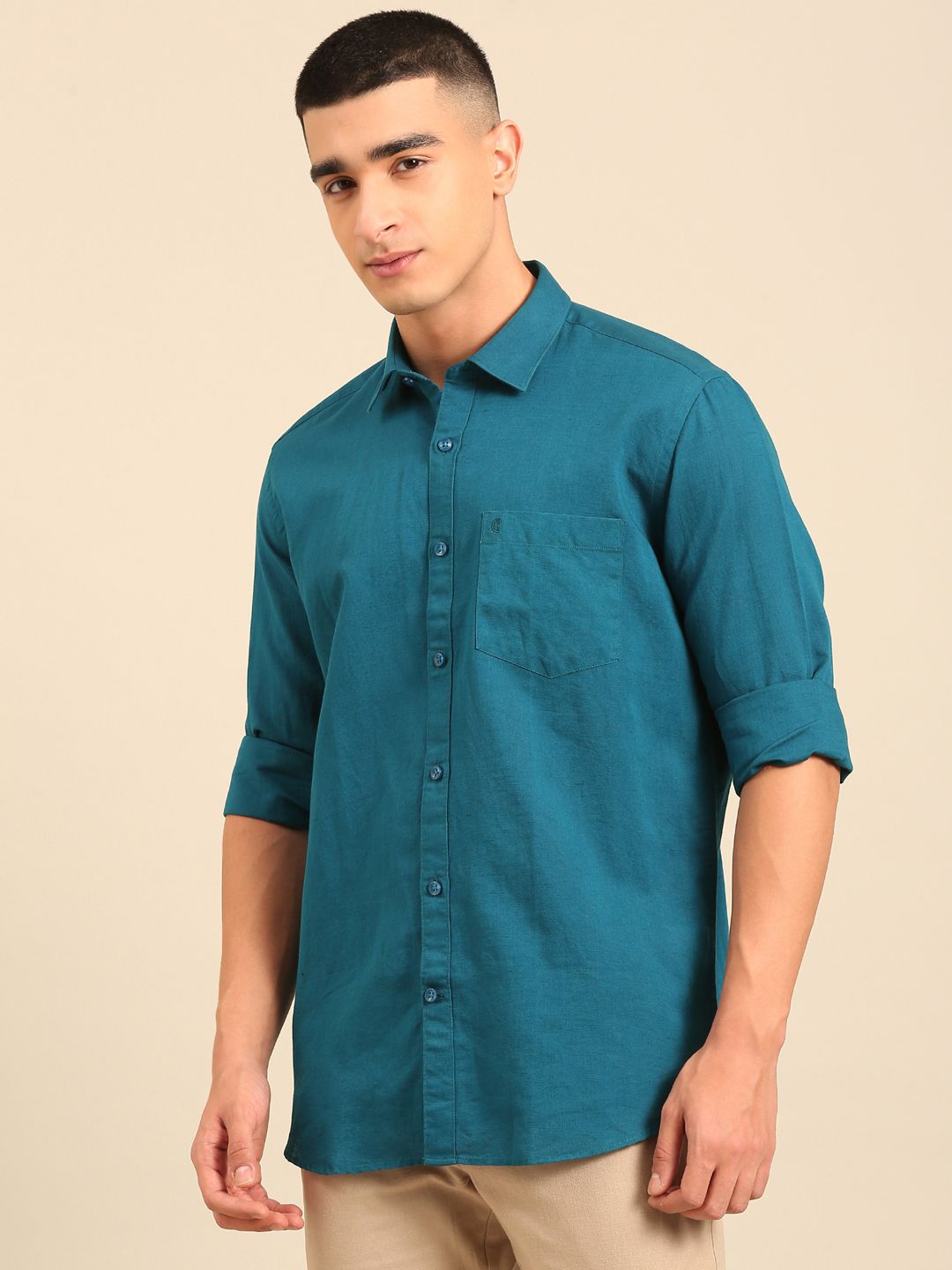 Cavallo by Linen Club Men's Contemporary Fit Linen blend Full Sleeve Solid Shirt CASFSD804L980
