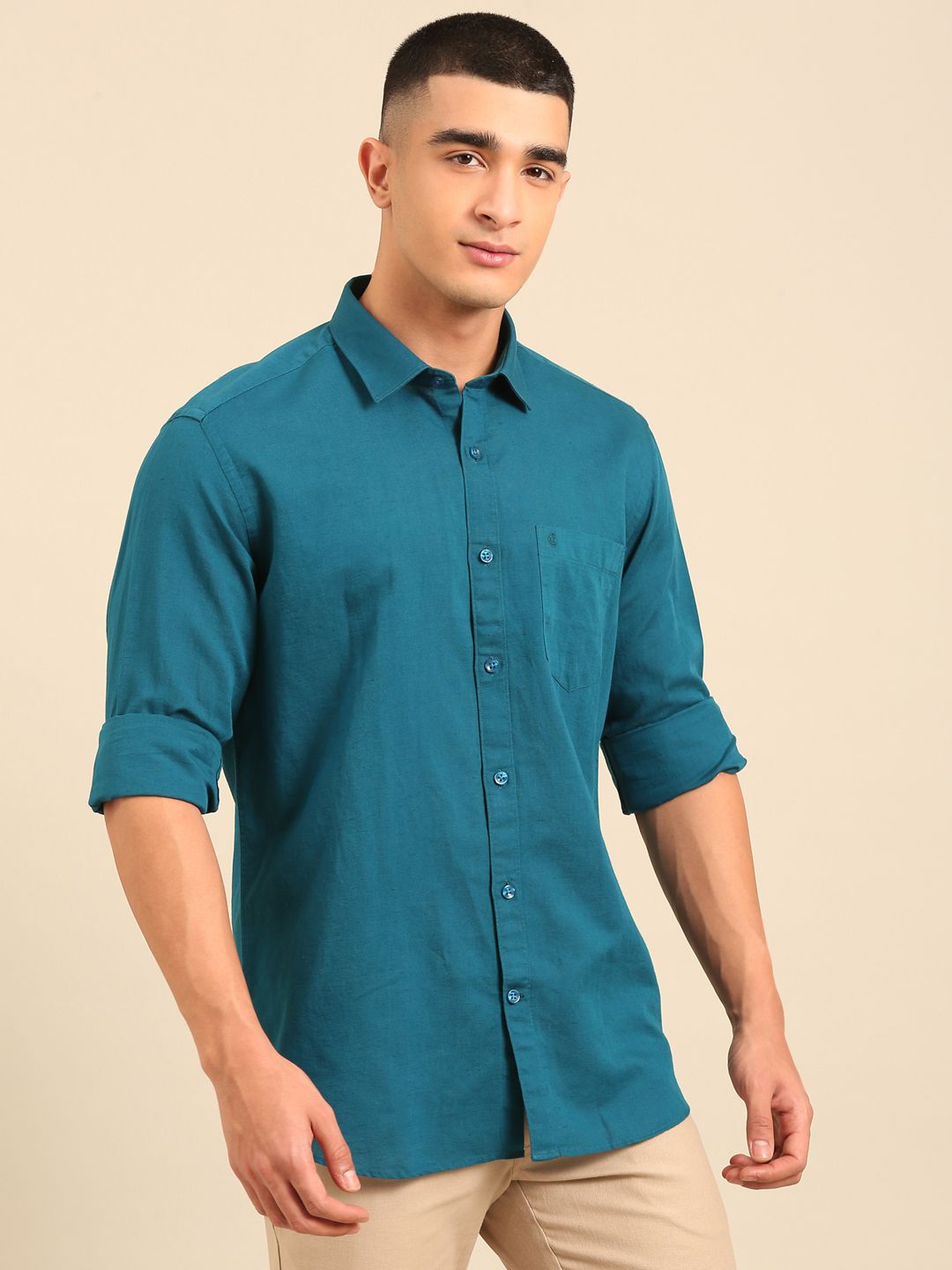Cavallo by Linen Club Men's Contemporary Fit Linen blend Full Sleeve Solid Shirt CASFSD804L980