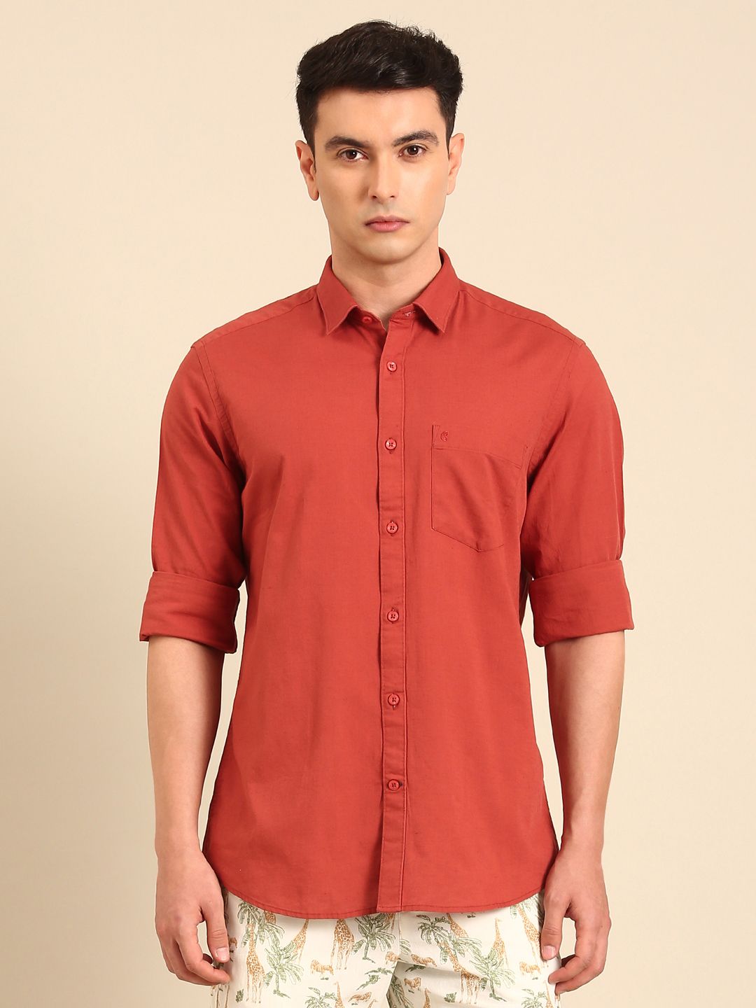 CAVALLO by Linen Club Men's Blended Linen Red Solid Contemporary Fit Full Sleeve Casual Shirt