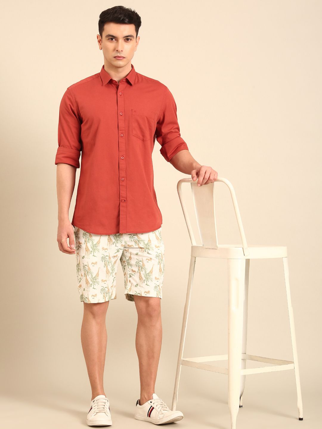 CAVALLO by Linen Club Men's Blended Linen Red Solid Contemporary Fit Full Sleeve Casual Shirt