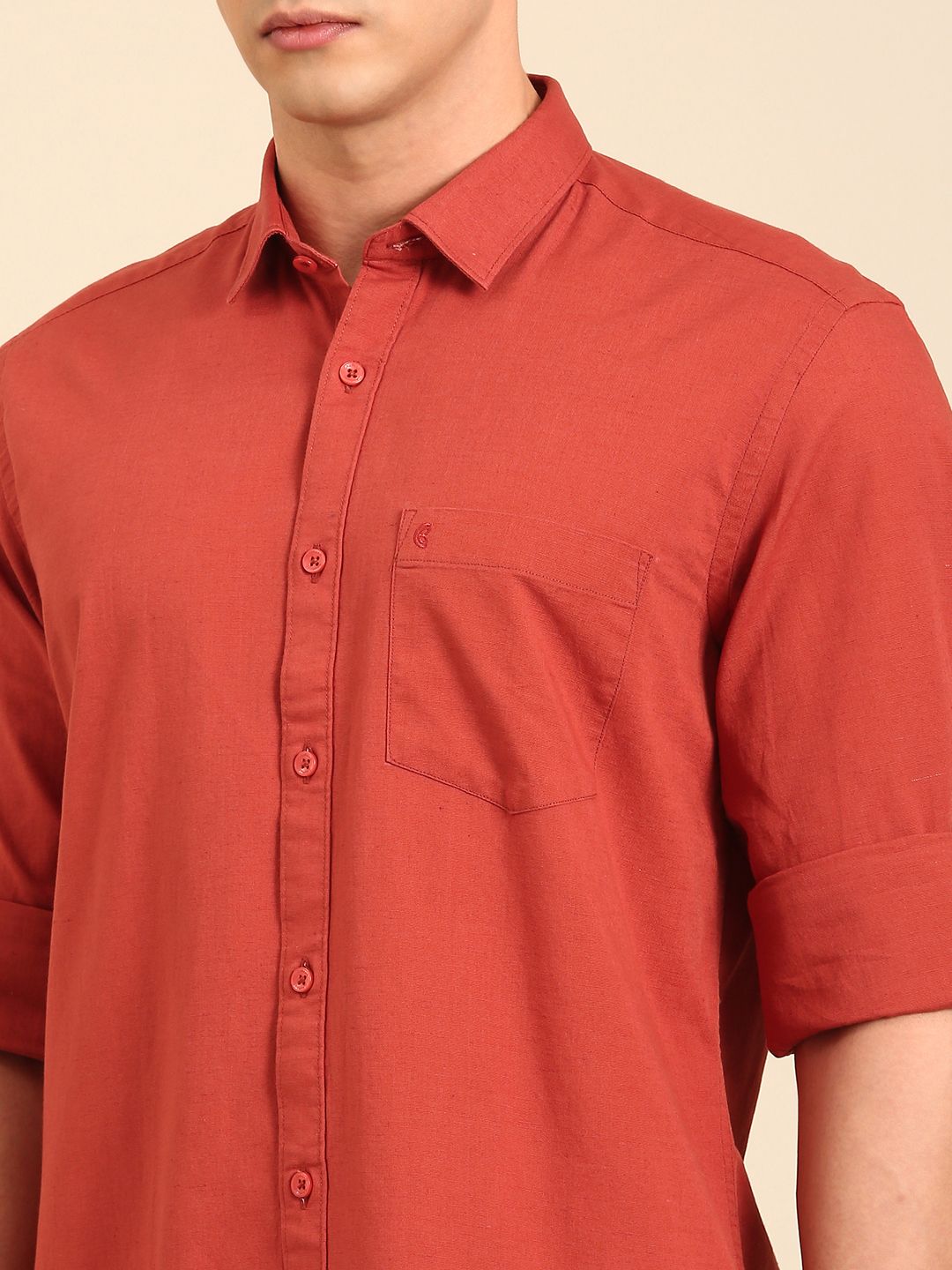 CAVALLO by Linen Club Men's Blended Linen Red Solid Contemporary Fit Full Sleeve Casual Shirt