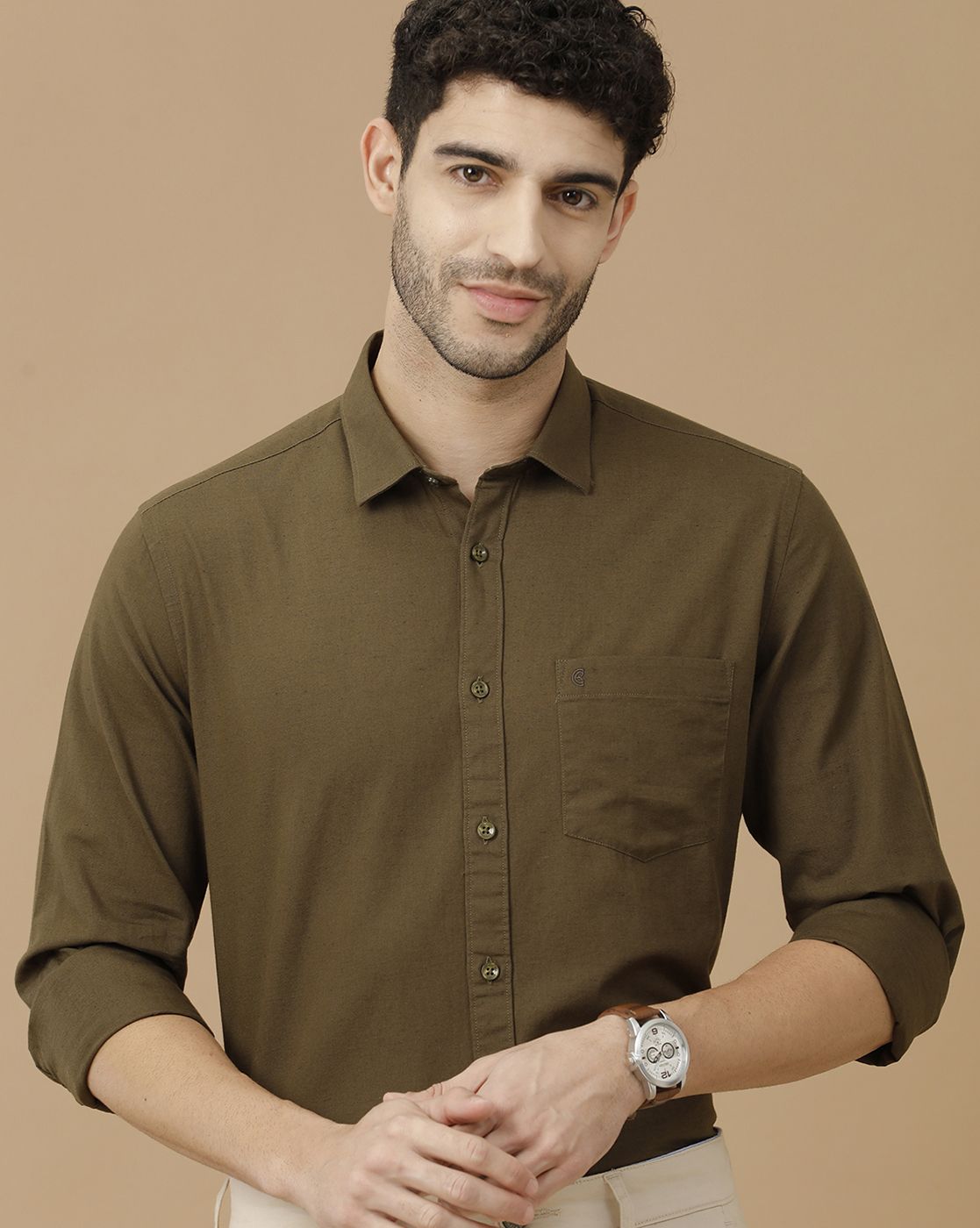 Men's Blended Linen Brown Solid Contemporary Fit Full Sleeve Casual Shirt