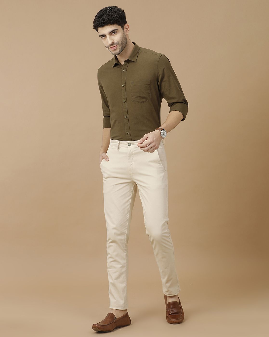 Men's Blended Linen Brown Solid Contemporary Fit Full Sleeve Casual Shirt