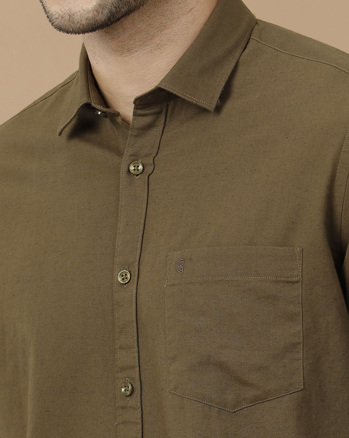 Men's Blended Linen Brown Solid Contemporary Fit Full Sleeve Casual Shirt
