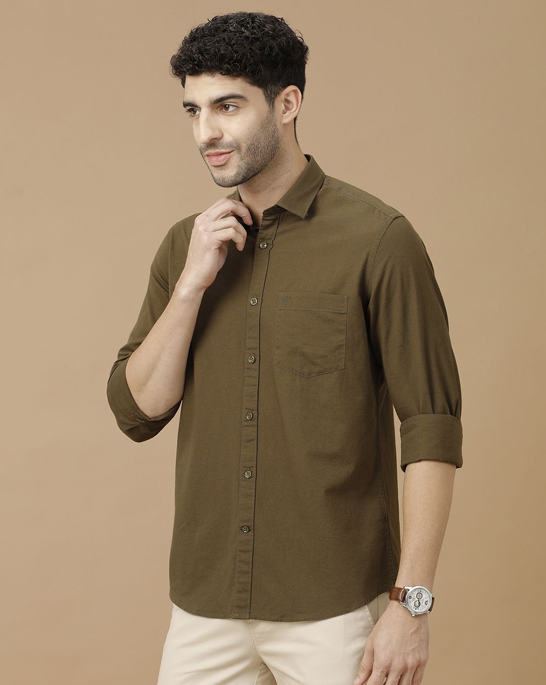 Men's Blended Linen Brown Solid Contemporary Fit Full Sleeve Casual Shirt