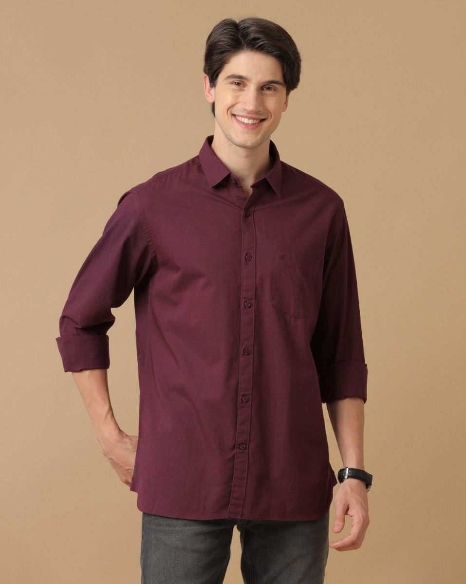 Men's Blended Linen Purple Solid Contemporary Fit Full Sleeve Sleeve Casual Shirt