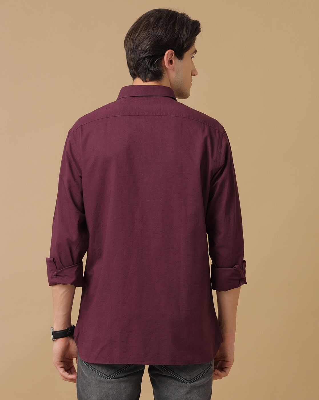 Men's Blended Linen Purple Solid Contemporary Fit Full Sleeve Sleeve Casual Shirt