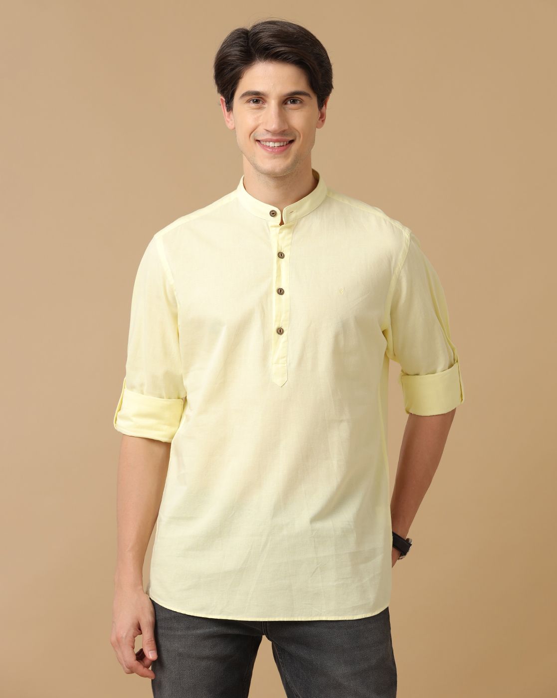 Men's Blended Linen Yellow Solid Contemporary Fit Full Sleeve Casual Shirt