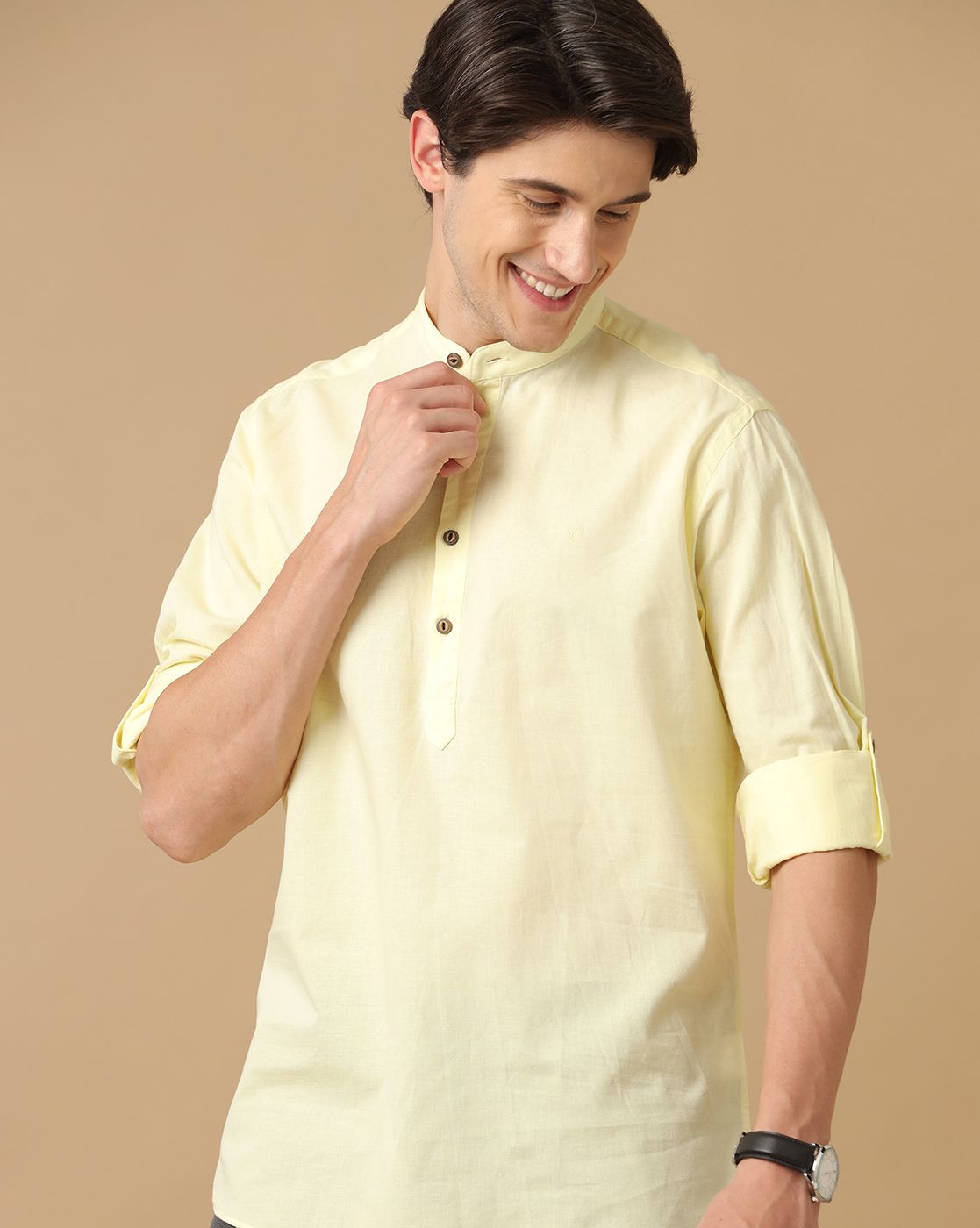 Men's Blended Linen Yellow Solid Contemporary Fit Full Sleeve Casual Shirt