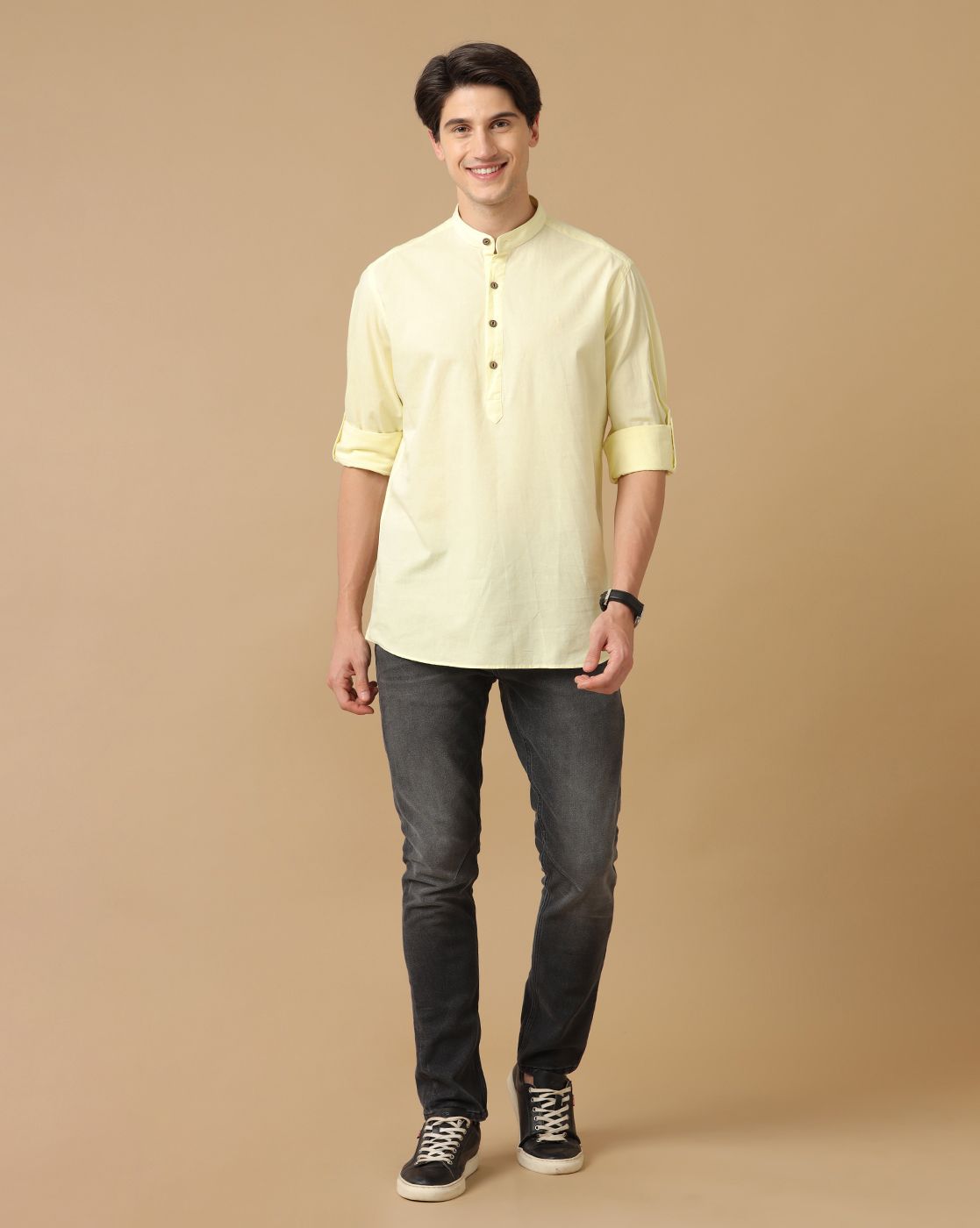 Men's Blended Linen Yellow Solid Contemporary Fit Full Sleeve Casual Shirt