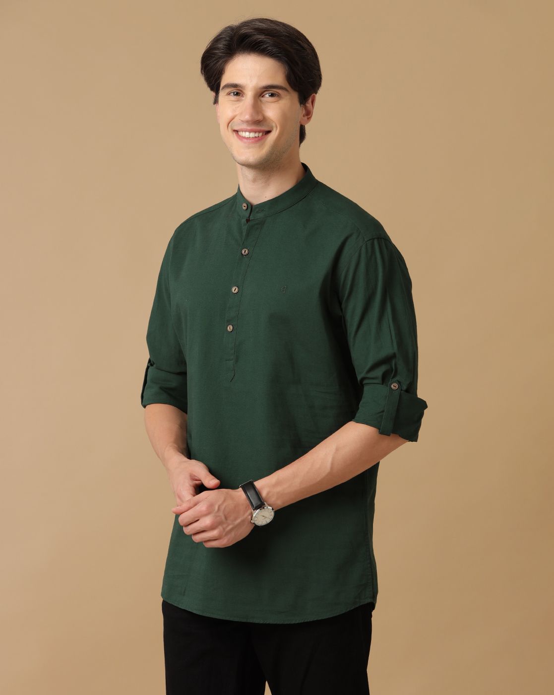 Men's Blended Linen Green Solid Contemporary Fit Full Sleeve Casual Shirt