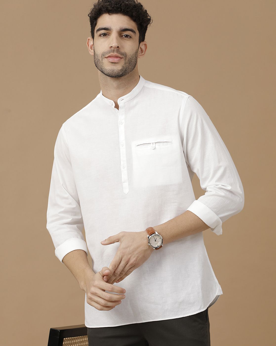 Men's Blended Linen White Solid Contemporary Fit Full Sleeve Casual Shirt