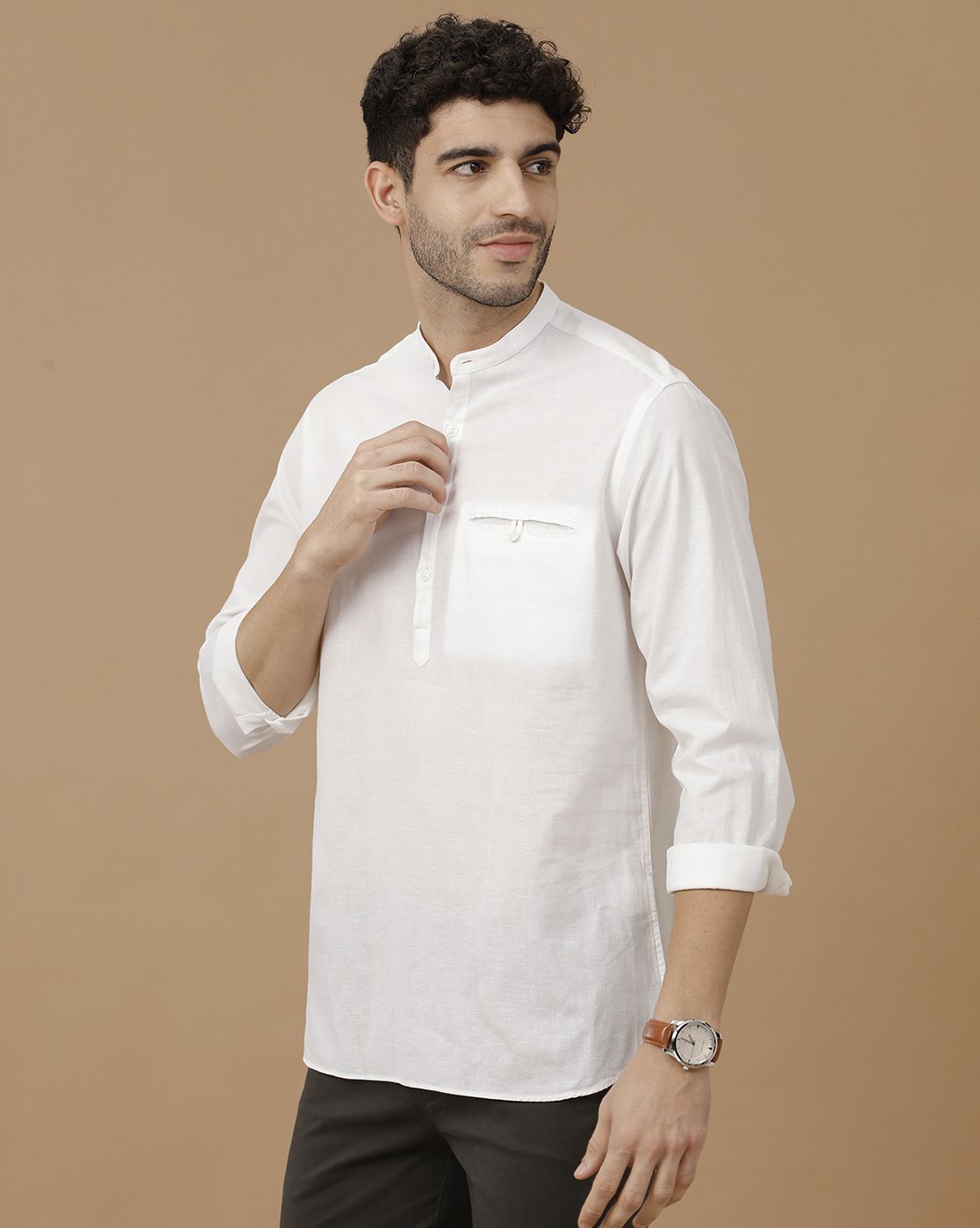 Men's Blended Linen White Solid Contemporary Fit Full Sleeve Casual Shirt
