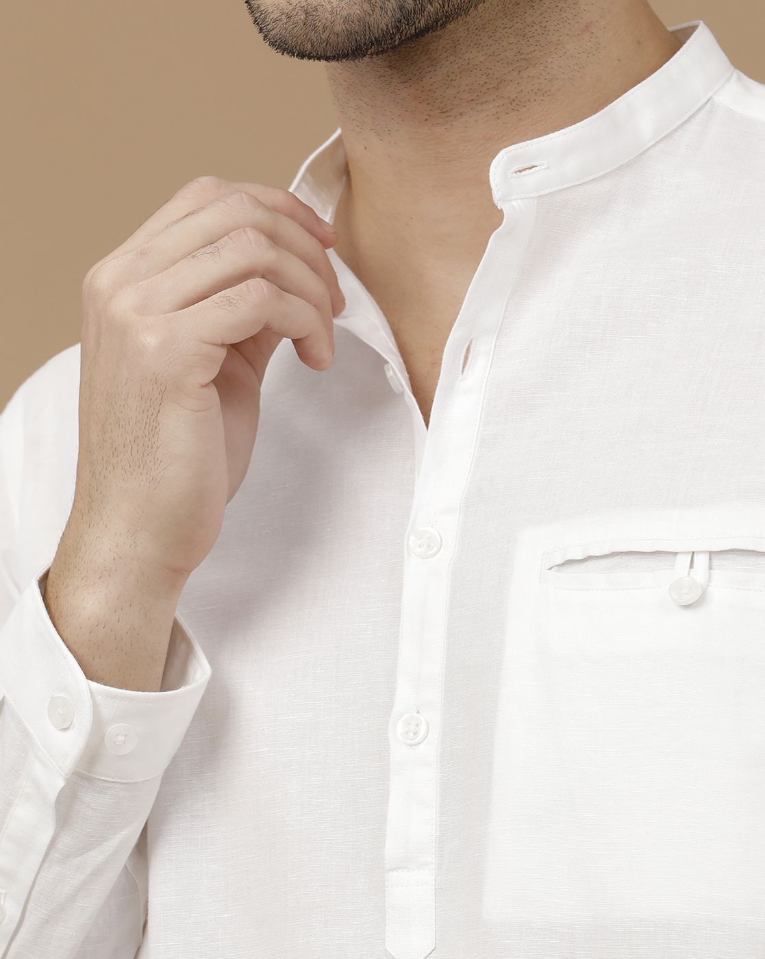 Men's Blended Linen White Solid Contemporary Fit Full Sleeve Casual Shirt