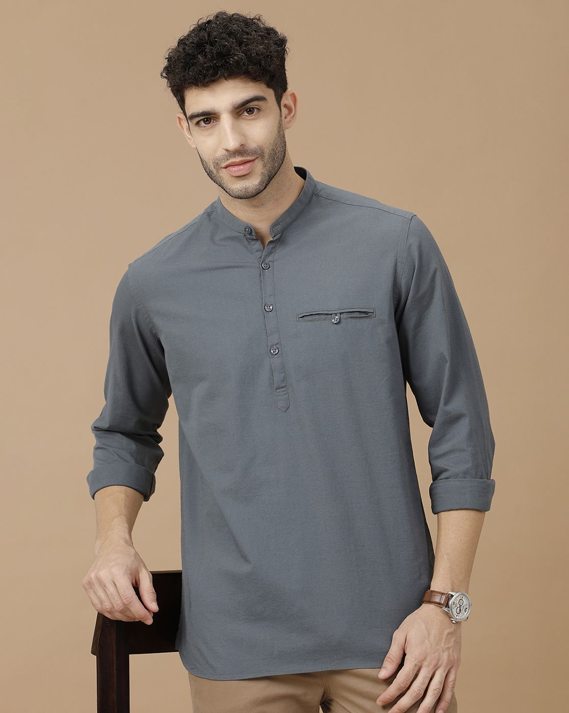 Men's Blended Linen Grey Solid Contemporary Fit Full Sleeve Casual Shirt