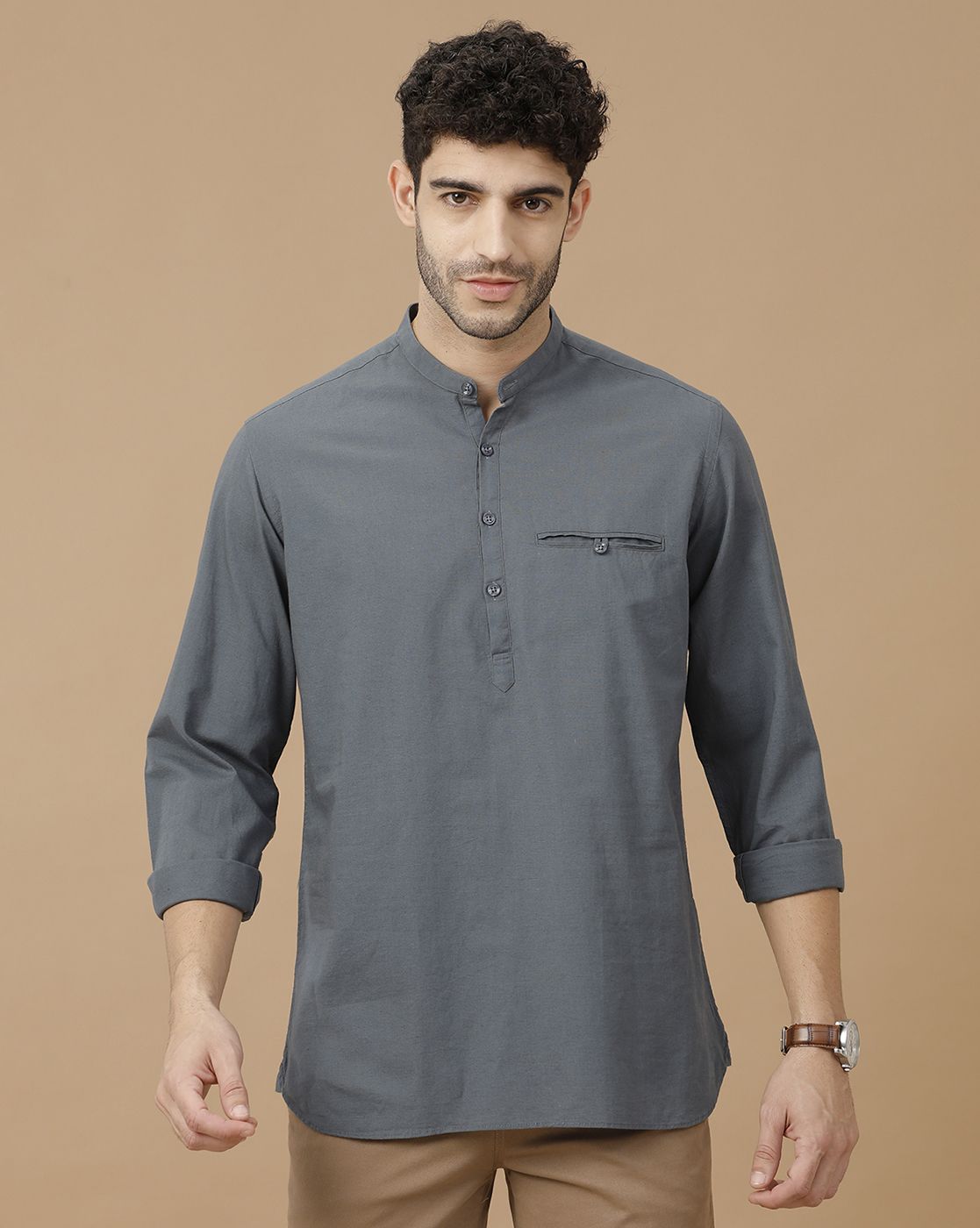 Men's Blended Linen Grey Solid Contemporary Fit Full Sleeve Casual Shirt
