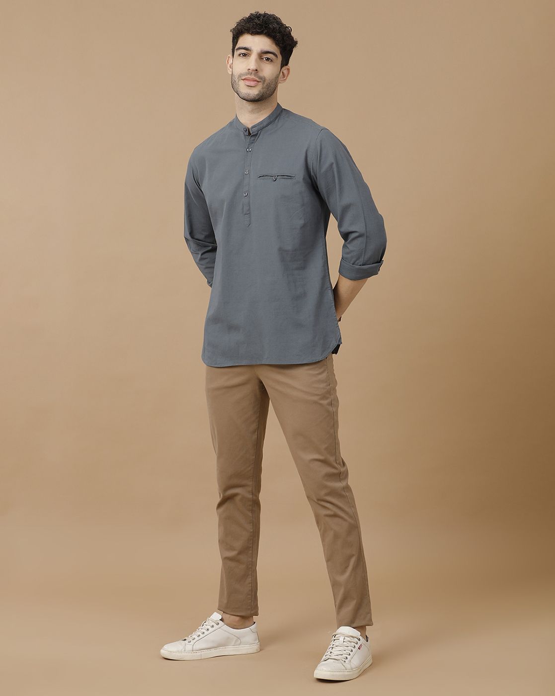 Men's Blended Linen Grey Solid Contemporary Fit Full Sleeve Casual Shirt