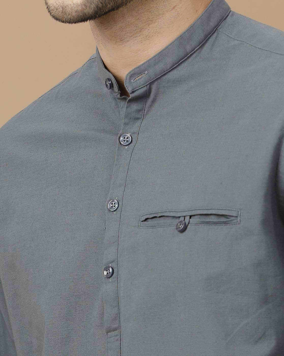 Men's Blended Linen Grey Solid Contemporary Fit Full Sleeve Casual Shirt