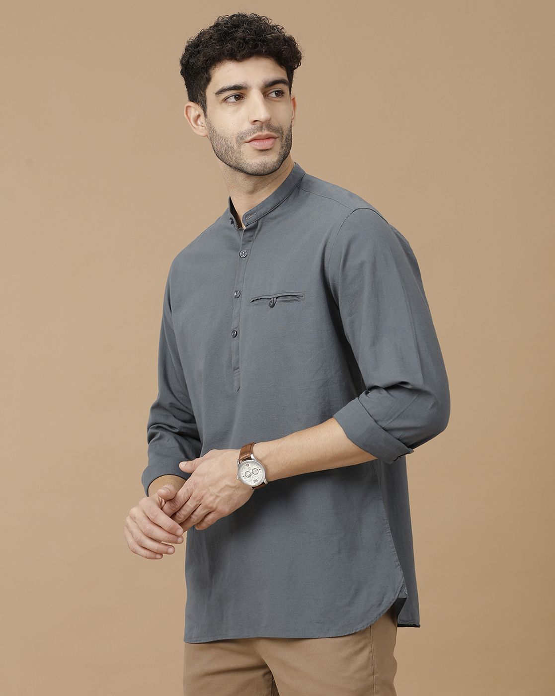 Men's Blended Linen Grey Solid Contemporary Fit Full Sleeve Casual Shirt