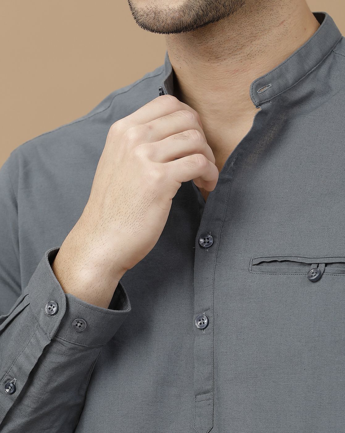 Men's Blended Linen Grey Solid Contemporary Fit Full Sleeve Casual Shirt