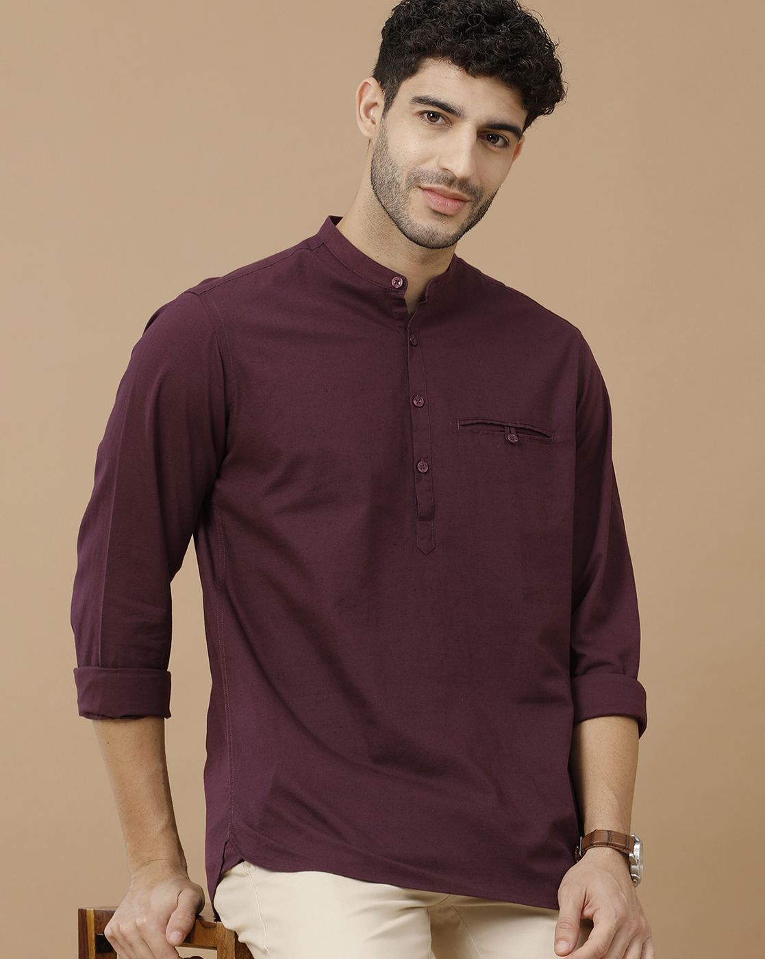 Men's Blended Linen Purple Solid Contemporary Fit Full Sleeve Casual Shirt