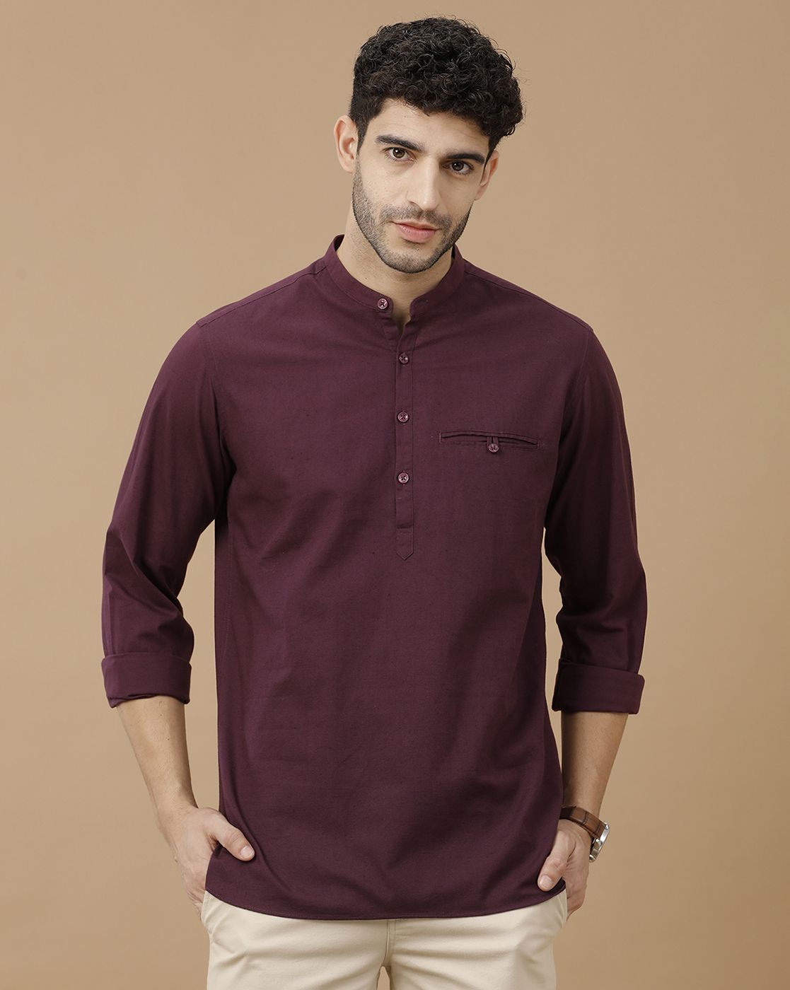 Men's Blended Linen Purple Solid Contemporary Fit Full Sleeve Casual Shirt