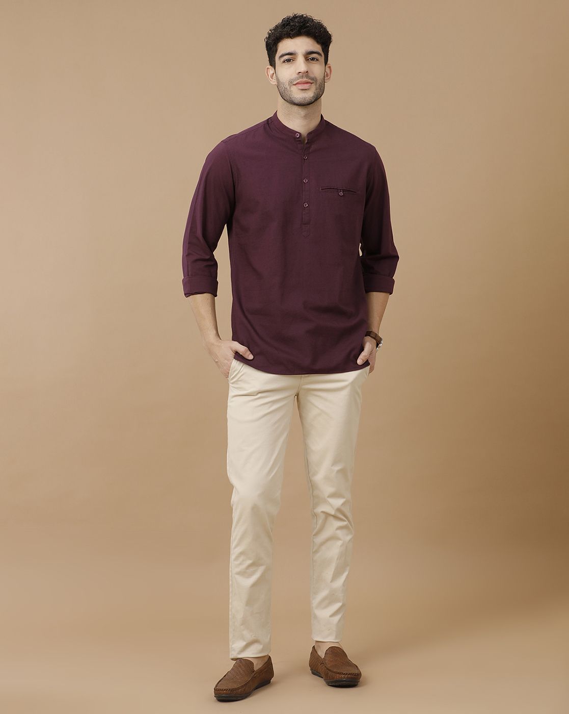 Men's Blended Linen Purple Solid Contemporary Fit Full Sleeve Casual Shirt