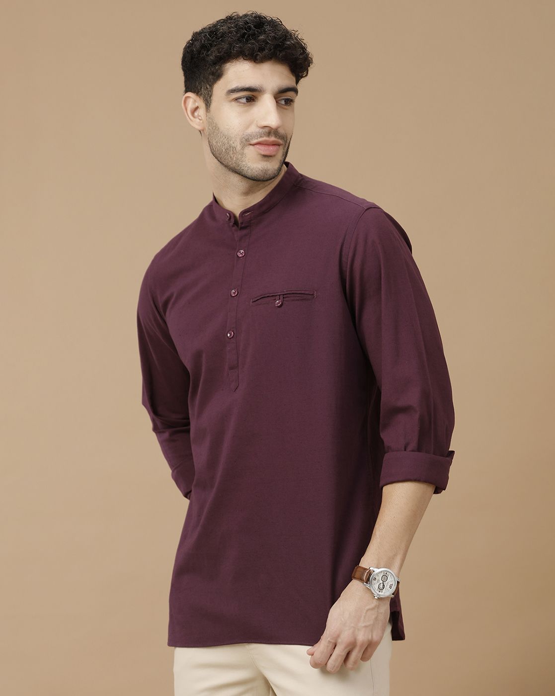 Men's Blended Linen Purple Solid Contemporary Fit Full Sleeve Casual Shirt
