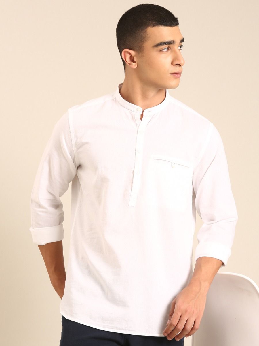 CAVALLO by Linen Club Men's Blended Linen White Solid Contemporary Fit Full Sleeve Casual Shirt
