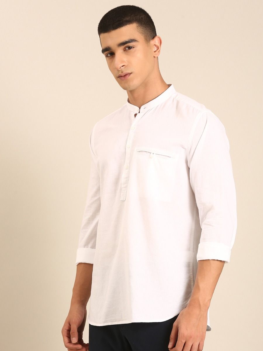 CAVALLO by Linen Club Men's Blended Linen White Solid Contemporary Fit Full Sleeve Casual Shirt
