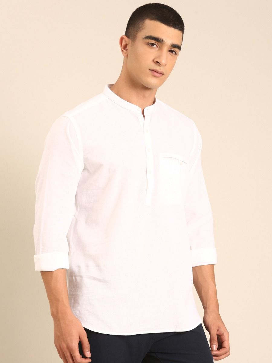 CAVALLO by Linen Club Men's Blended Linen White Solid Contemporary Fit Full Sleeve Casual Shirt
