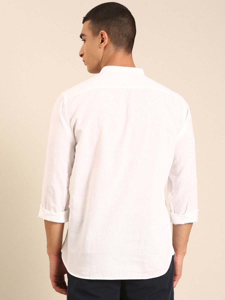 CAVALLO by Linen Club Men's Blended Linen White Solid Contemporary Fit Full Sleeve Casual Shirt