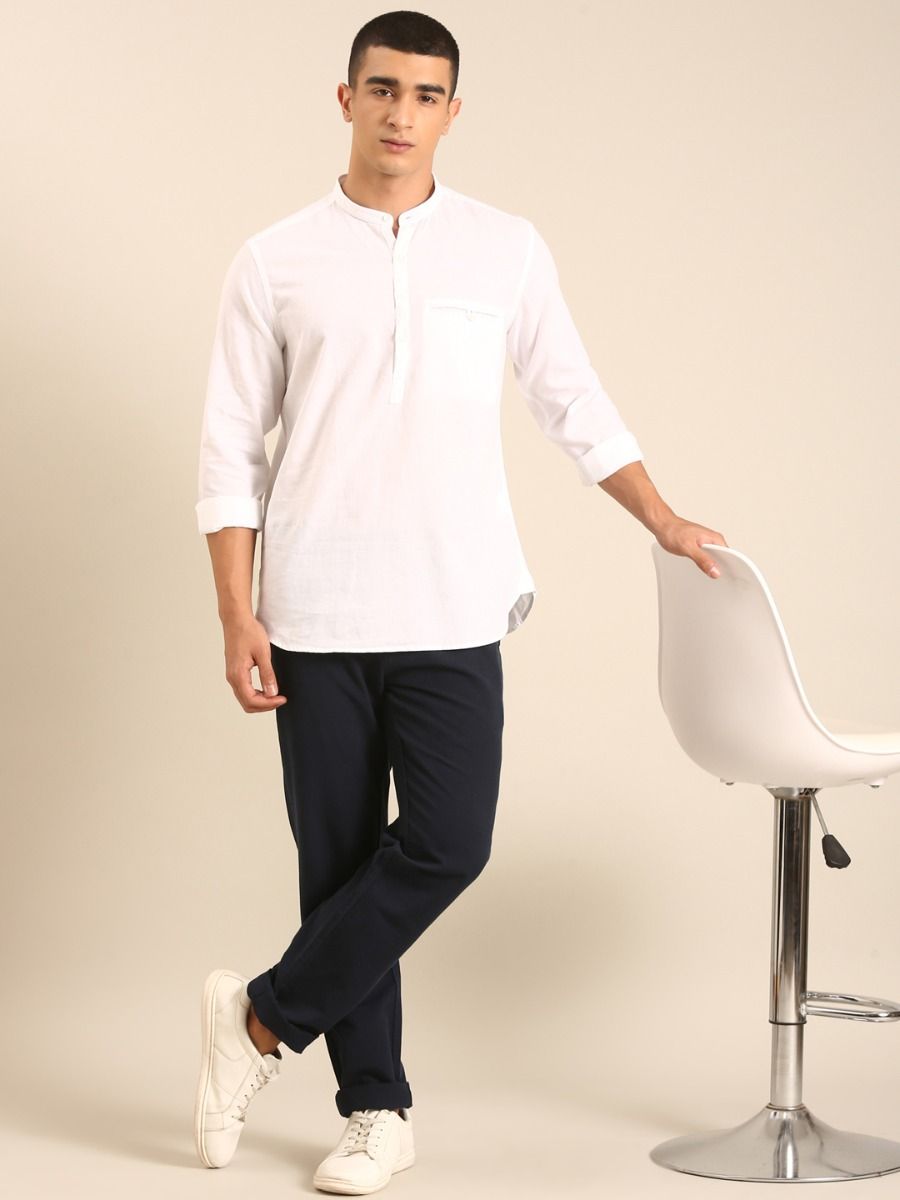 CAVALLO by Linen Club Men's Blended Linen White Solid Contemporary Fit Full Sleeve Casual Shirt