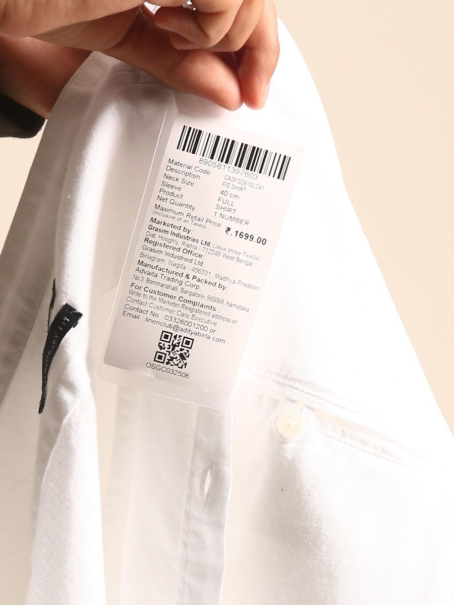 CAVALLO by Linen Club Men's Blended Linen White Solid Contemporary Fit Full Sleeve Casual Shirt