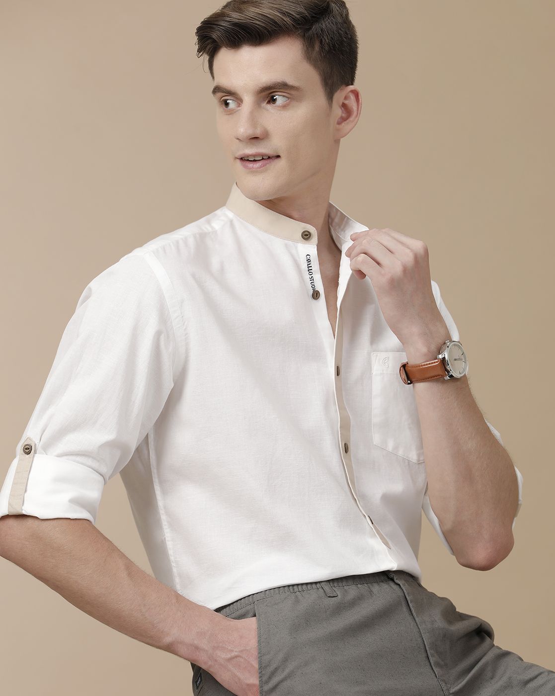Men's Blended Linen White Solid Contemporary Fit Full Sleeve Casual Shirt