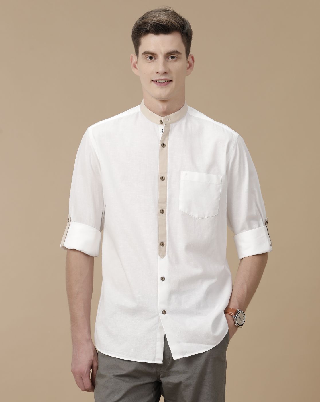 Men's Blended Linen White Solid Contemporary Fit Full Sleeve Casual Shirt