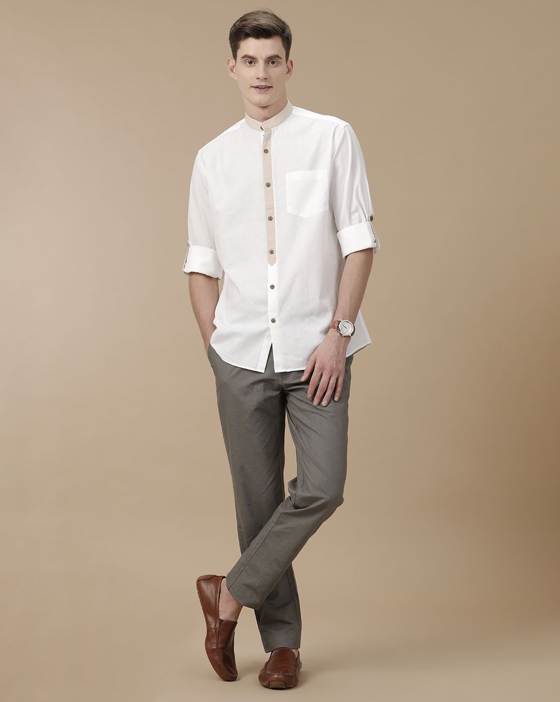 Men's Blended Linen White Solid Contemporary Fit Full Sleeve Casual Shirt