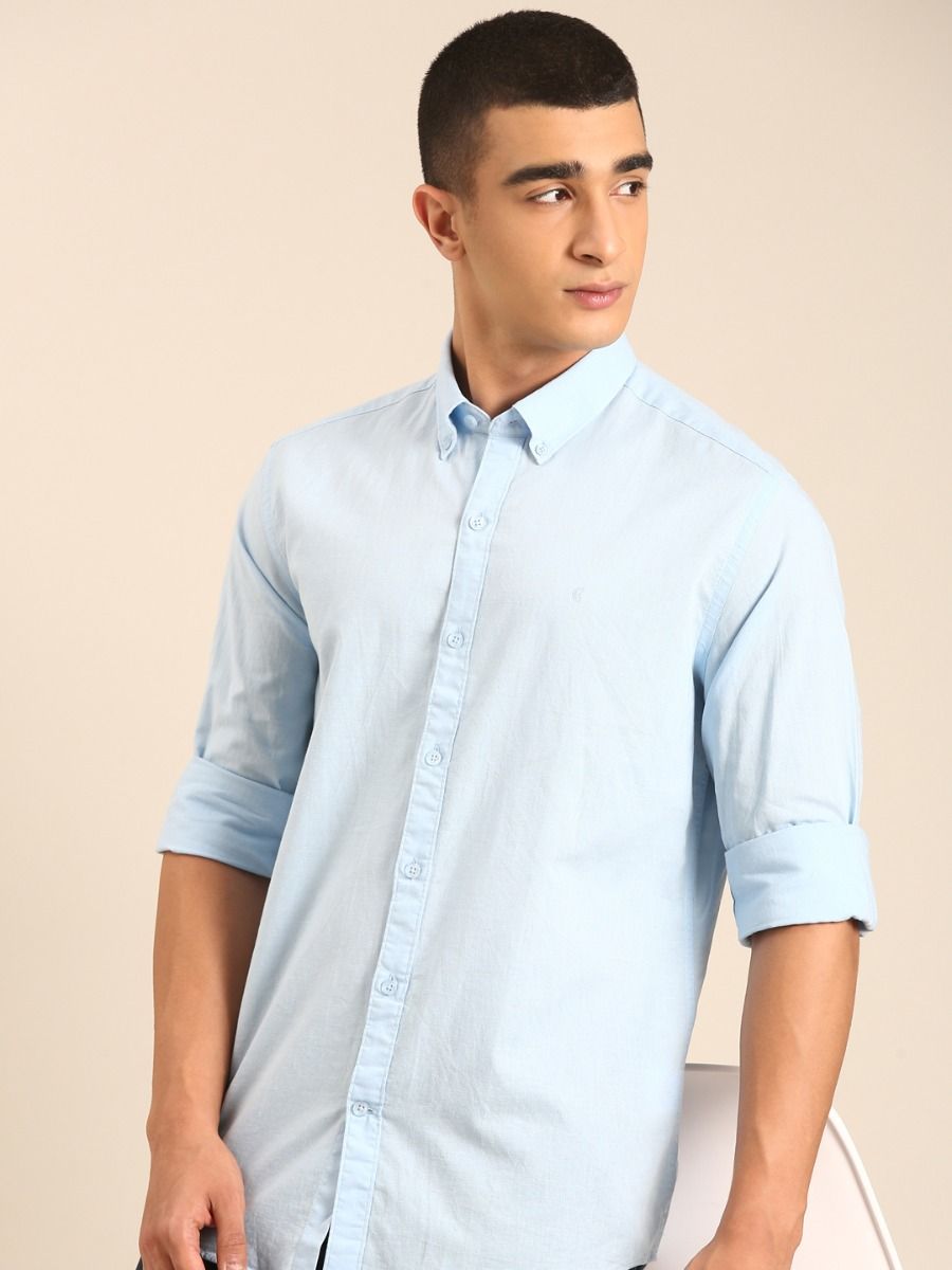 CAVALLO by Linen Club Men's Blended Linen Light Blue Solid Contemporary Fit Full Sleeve Casual Shirt