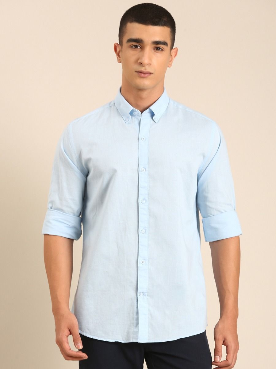 CAVALLO by Linen Club Men's Blended Linen Light Blue Solid Contemporary Fit Full Sleeve Casual Shirt
